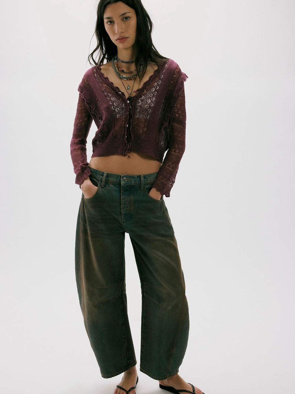 Free People Boho Crochet Knit Cardigan Plum Lace Tie Front Long Sleeve - Picture 4 of 5